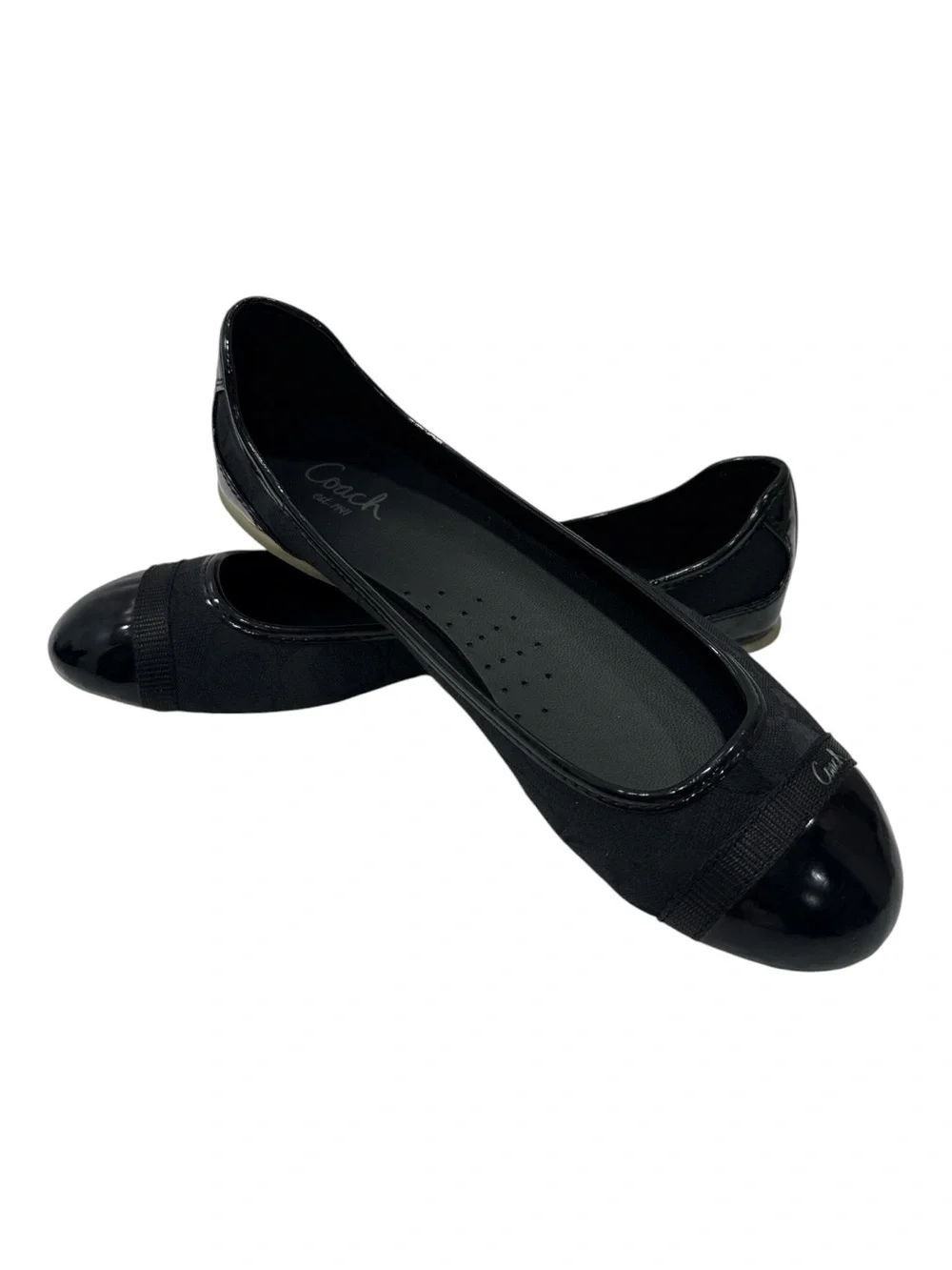 Coach Cecile Black Signature Ballet Flats With Patent Leather Cap Toe Size 9.5